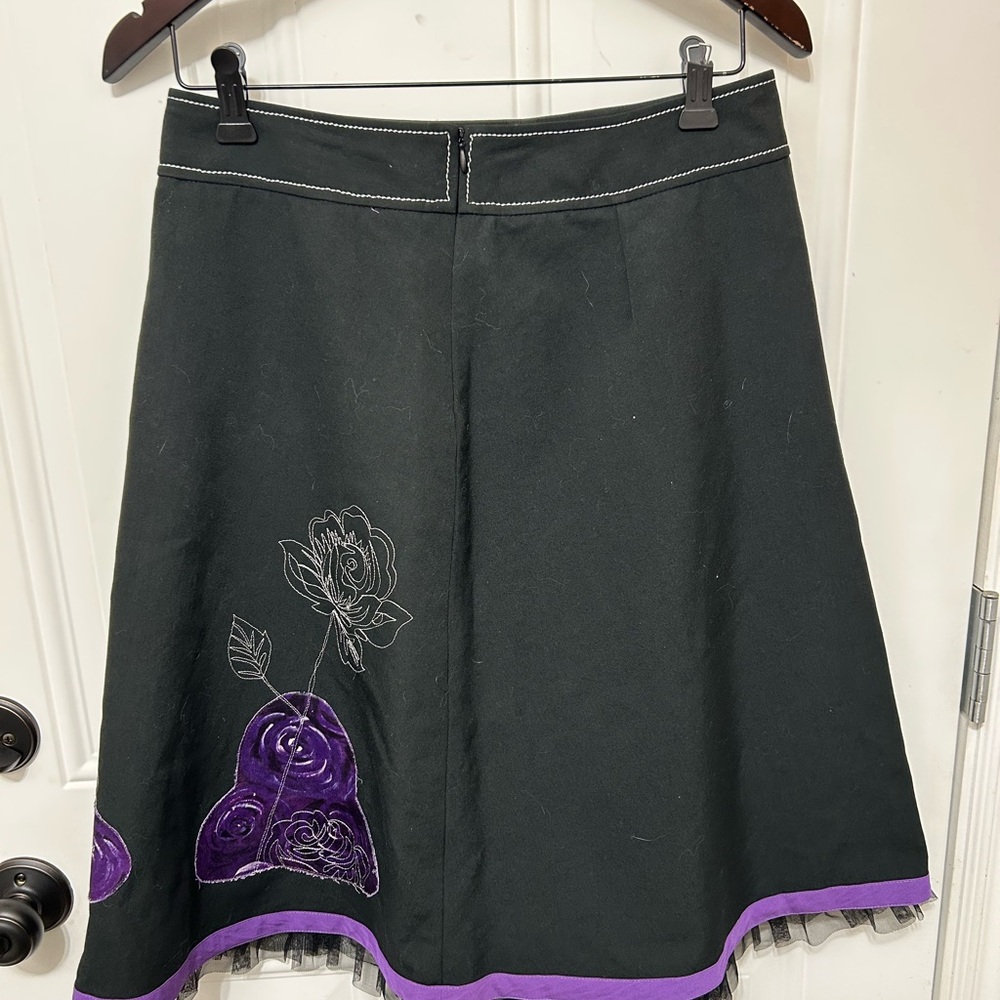 Black A-Line Skirt with Purple Rose Embroidery - Picture 5 of 8